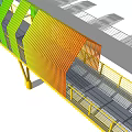 Modern Landscape Bridge With Colorful Geometric Structure Yellow Railings And Gray Mesh Deck