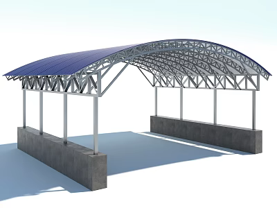 Arch Shaped Metal Frame Canopy With Blue Roof And Concrete Base Supports 3d model