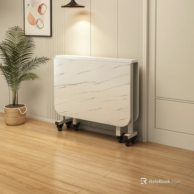 Folding Dining Table With Marble Pattern And Wheels On Wooden Floor Near Green Plant 3d model 