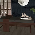 Traditional Chinese Wooden Massage Bed With Upholstered Cushion And Decor Including Bookshelf Lantern Potted Plant