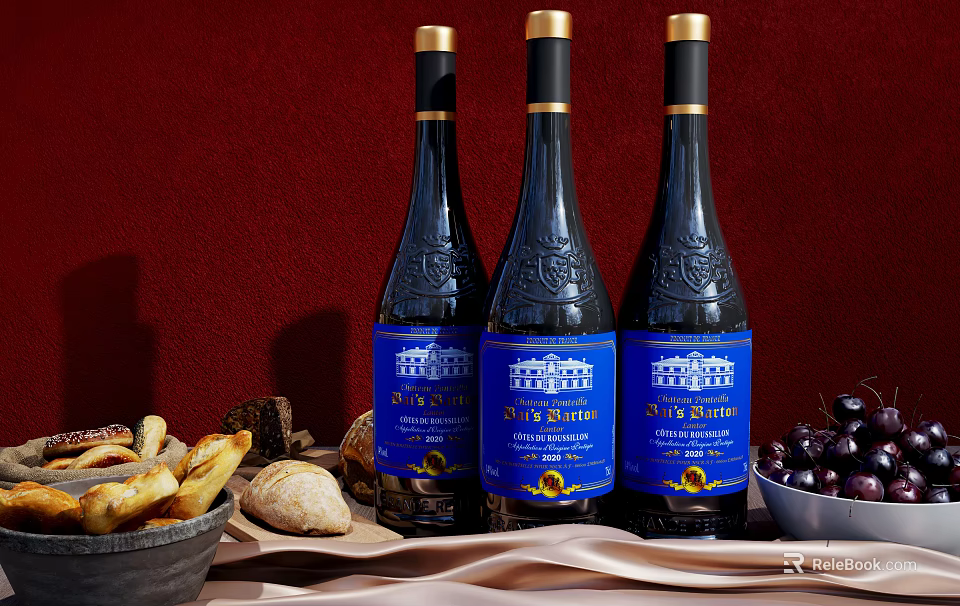 Three Dieu et Dames Wine Bottles With Wine Glasses Bread And Olives On Red Background 3d model 
