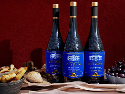 Three Dieu et Dames Wine Bottles With Wine Glasses Bread And Olives On Red Background 3d model