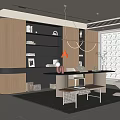 Modern Study Room Interior With Wall Mounted Shelves Wooden Desk Pendant Chandelier And Window Blinds