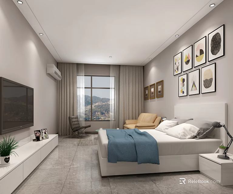 Modern Hotel Guest Room With Comfortable Bed Blue Blanket TV And Scenic Mountain View 3d model 