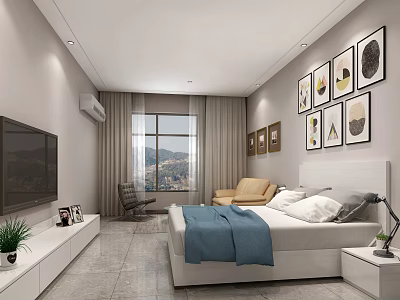 Modern Hotel Guest Room With Comfortable Bed Blue Blanket TV And Scenic Mountain View 3d model