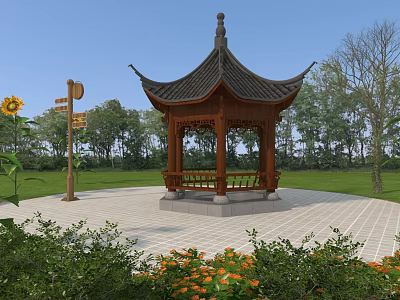 Chinese Traditional Pavilion In Garden With Green Lawn Trees And Sunflowers 3d model