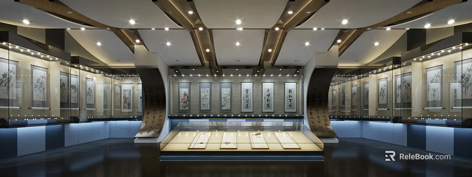 Traditional Exhibition Hall With Hanging Paintings Calligraphy And Glass Display Cases 3d model 