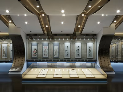 Traditional Exhibition Hall With Hanging Paintings Calligraphy And Glass Display Cases 3d model
