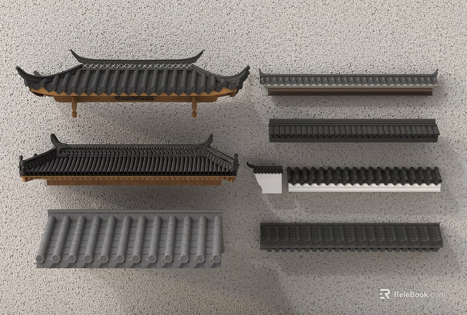 Traditional Architectural Components Featuring Various Roof Tiles And Eaves Designs Styles 3d model 
