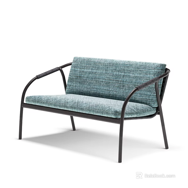 Modern Two Seater Leisure Chair With Blue Green Woven Fabric And Black Metal Frame 3d model 
