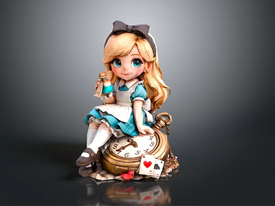 Alice Themed Doll Sitting On Vintage Pocket Watch With Playing Cards Teacup And Apple 3d model