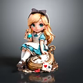 Alice Themed Doll Sitting On Vintage Pocket Watch With Playing Cards Teacup And Apple