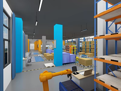 Automated Logistics Warehouse With Robot Arm Storage Shelves Workbench And Boxes 3d model