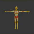3D Ultraman Model With Red And White Suit Extended Arms On Black Background