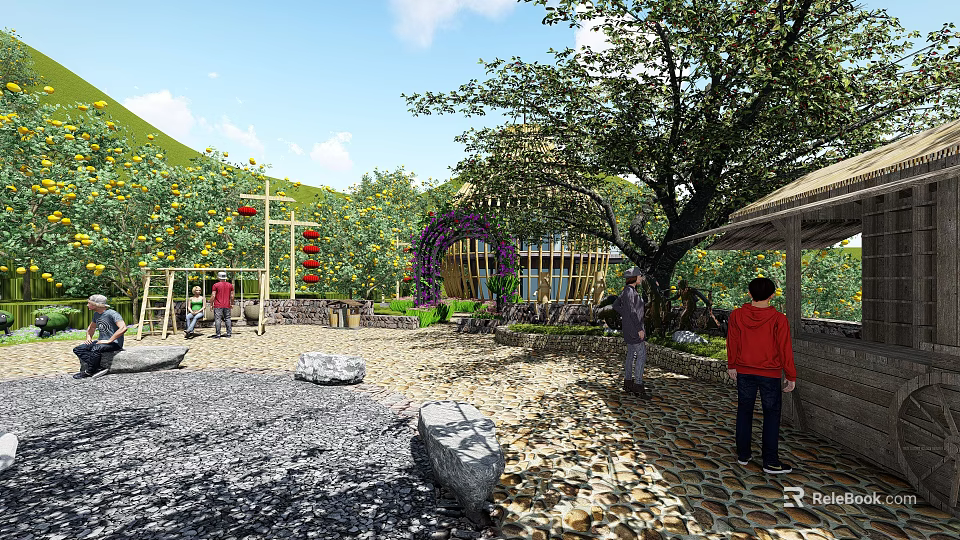 Outdoor Courtyard Area With Big Trees Decorative Stones And People Activities 3d model 