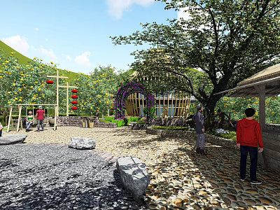 Outdoor Courtyard Area With Big Trees Decorative Stones And People Activities 3d model