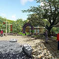 Outdoor Courtyard Area With Big Trees Decorative Stones And People Activities
