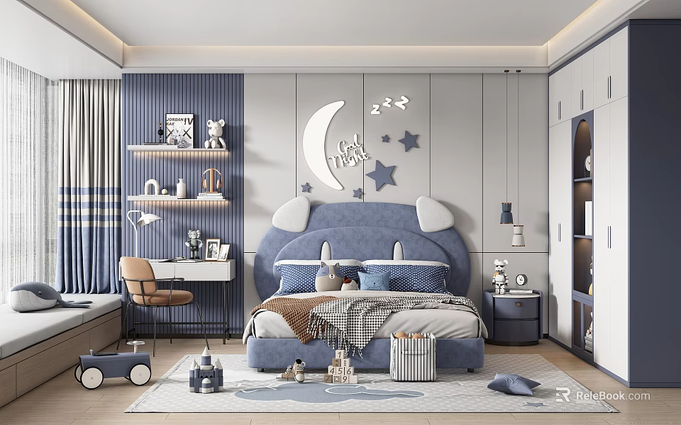 Modern Kids Bedroom With Blue Bed Moon Star Decor And Study Desk 3d model 