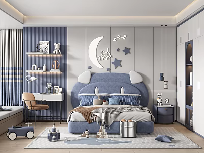 Modern Kids Bedroom With Blue Bed Moon Star Decor And Study Desk 3d model