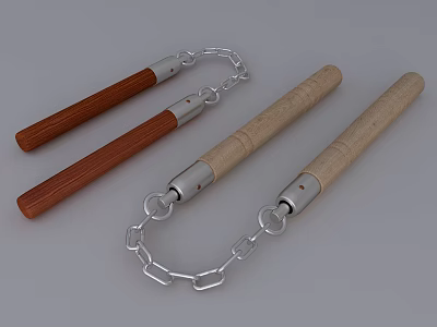 Traditional Martial Arts Nunchucks With Red And Light Wooden Handles And Silver Chains 3d model