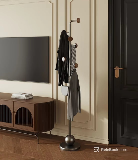 Stylish Coat Rack Holding Clothes In Living Room By TV Cabinet 3d model 