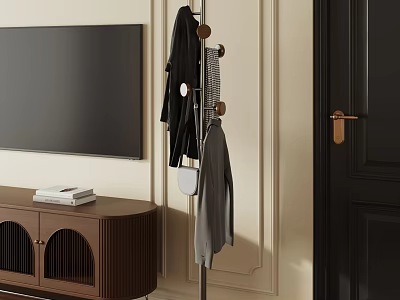 Stylish Coat Rack Holding Clothes In Living Room By TV Cabinet 3d model