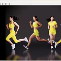 Active Women In Yellow Sportswear Running On Dark Background With Reflective Floor