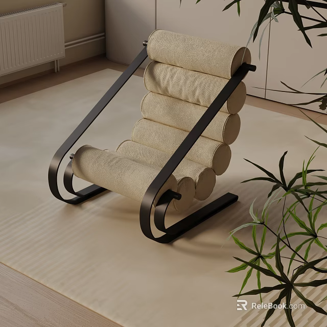 Modern Curved Accent Chair With Black Metal Frame And Beige Fabric On Beige Rug Near Green Plant 3d model 