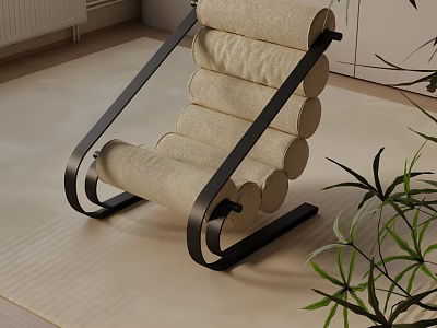 Modern Curved Accent Chair With Black Metal Frame And Beige Fabric On Beige Rug Near Green Plant 3d model