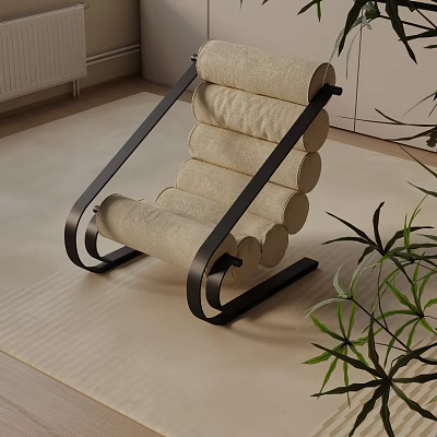 Modern Curved Accent Chair With Black Metal Frame And Beige Fabric On Beige Rug Near Green Plant 3d model