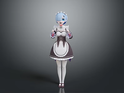Anime Maid Character With Blue Hair Wearing Classic Maid Dress And White Stockings 3d model