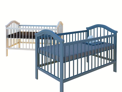 Wooden Children's Beds with Guardrails in Light and Blue Colors for Toddlers 3d model