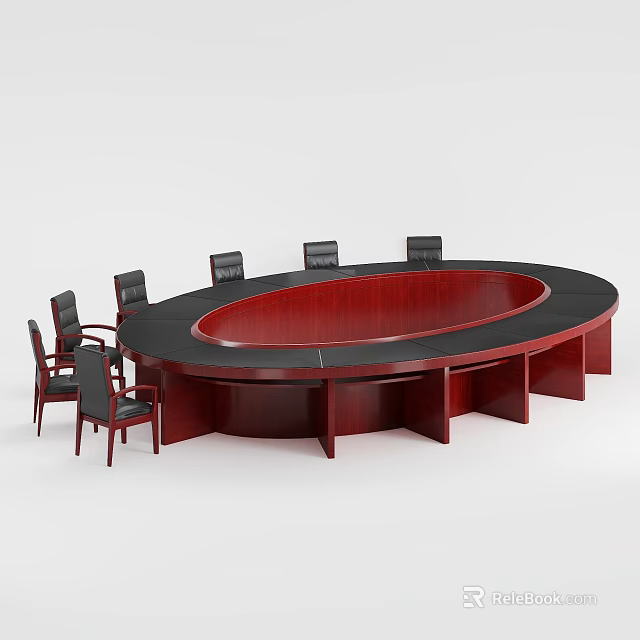 Oval Mahogany Wooden Conference Table With Black Leather Chairs For Meeting Room 3d model 