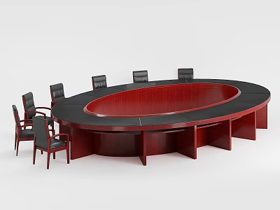 Oval Mahogany Wooden Conference Table With Black Leather Chairs For Meeting Room 3d model