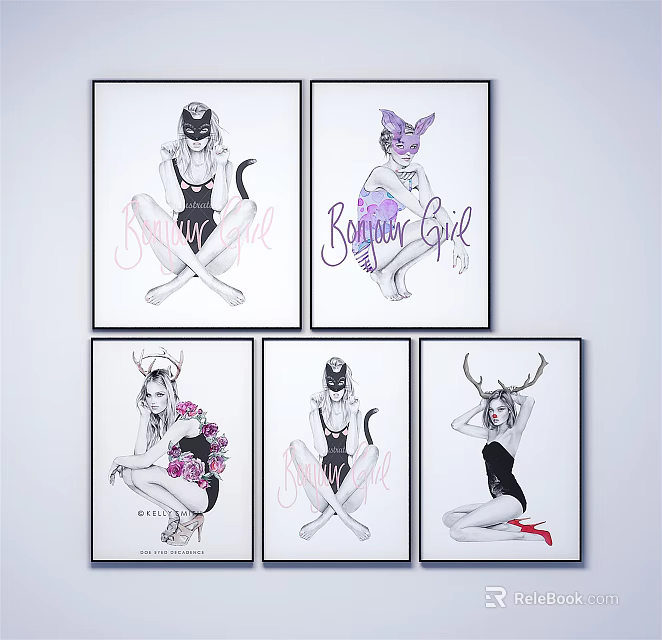 Stylish Character Paintings With Bunny Girl Cat Ears Antlers And Floral Elements 3d model 