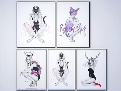 Stylish Character Paintings With Bunny Girl Cat Ears Antlers And Floral Elements 3d model