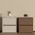 Modern White and Brown Bedside Tables With Books Potted Plant and Coffee Cup