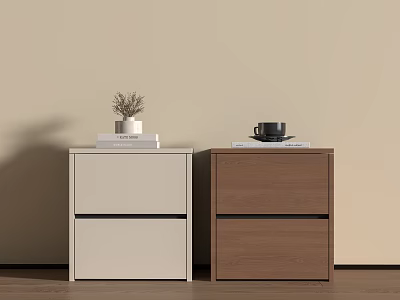 Modern White and Brown Bedside Tables With Books Potted Plant and Coffee Cup 3d model