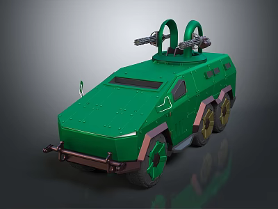 Green Armored Functional Vehicle With Turret Guns And Six Wheels 3d model