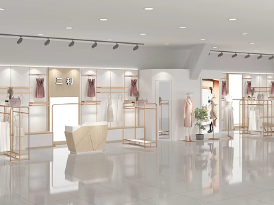 Modern Clothing Store Interior With Display Racks Clothing Items And Cashier Counter 3d model