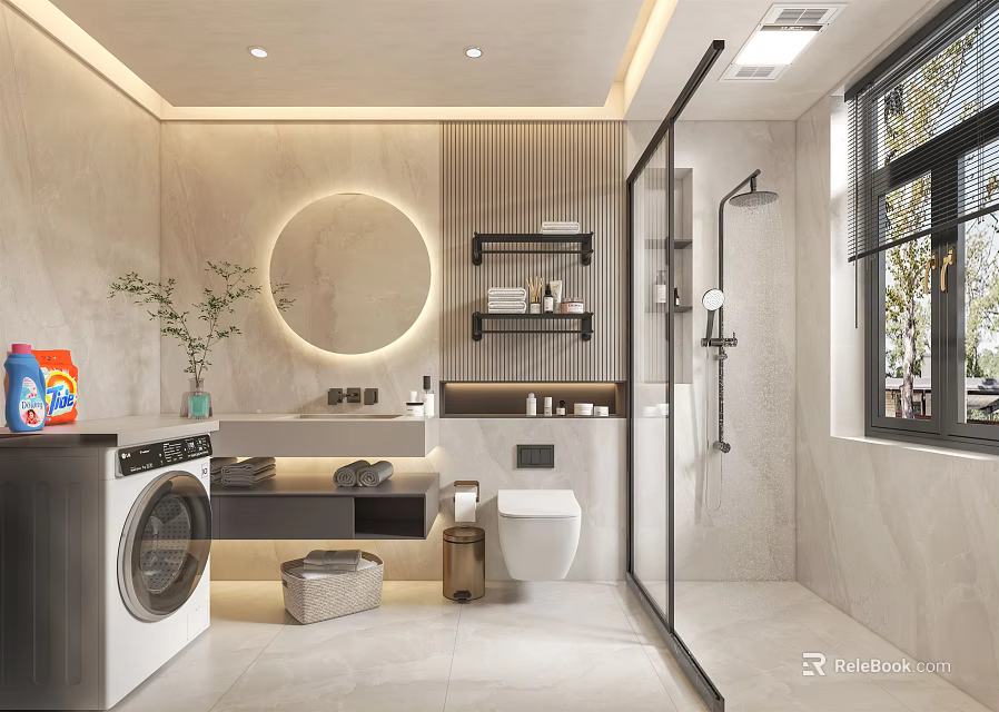 Modern Bathroom Interior With Open Shower Round Mirror Washing Machine And Marble Walls 3d model 