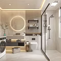 Modern Bathroom Interior With Open Shower Round Mirror Washing Machine And Marble Walls