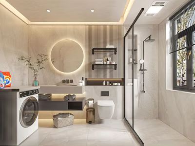 Modern Bathroom Interior With Open Shower Round Mirror Washing Machine And Marble Walls 3d model