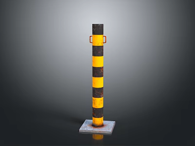 Safety Bollard With Yellow Black Stripes And Orange Rings On Square Base 3d model