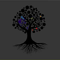 Cartoon Tree Scene With Colorful Circular Fruits Dark Trunk And Intricate Roots