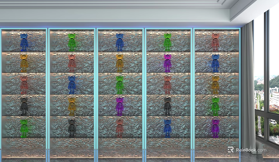 Modern Storage Shelf Unit With Multiple Layers And Colorful Bear Figurines Displayed Neatly 3d model