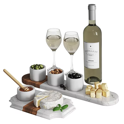 Elegant Decorative Ornament Set With White Wine Glasses Cheese Olives And Nuts On Marble Tray 3d model