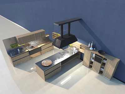 Modern Kitchen Design With Wooden Cabinets Island Counter And Range Hood 3d model