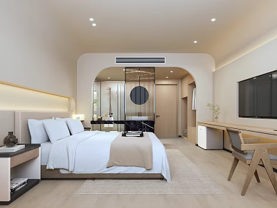 Hotel Room Interior With Comfortable Bed Work Desk Flat Screen TV And Modern Design 3d model