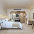 Hotel Room Interior With Comfortable Bed Work Desk Flat Screen TV And Modern Design